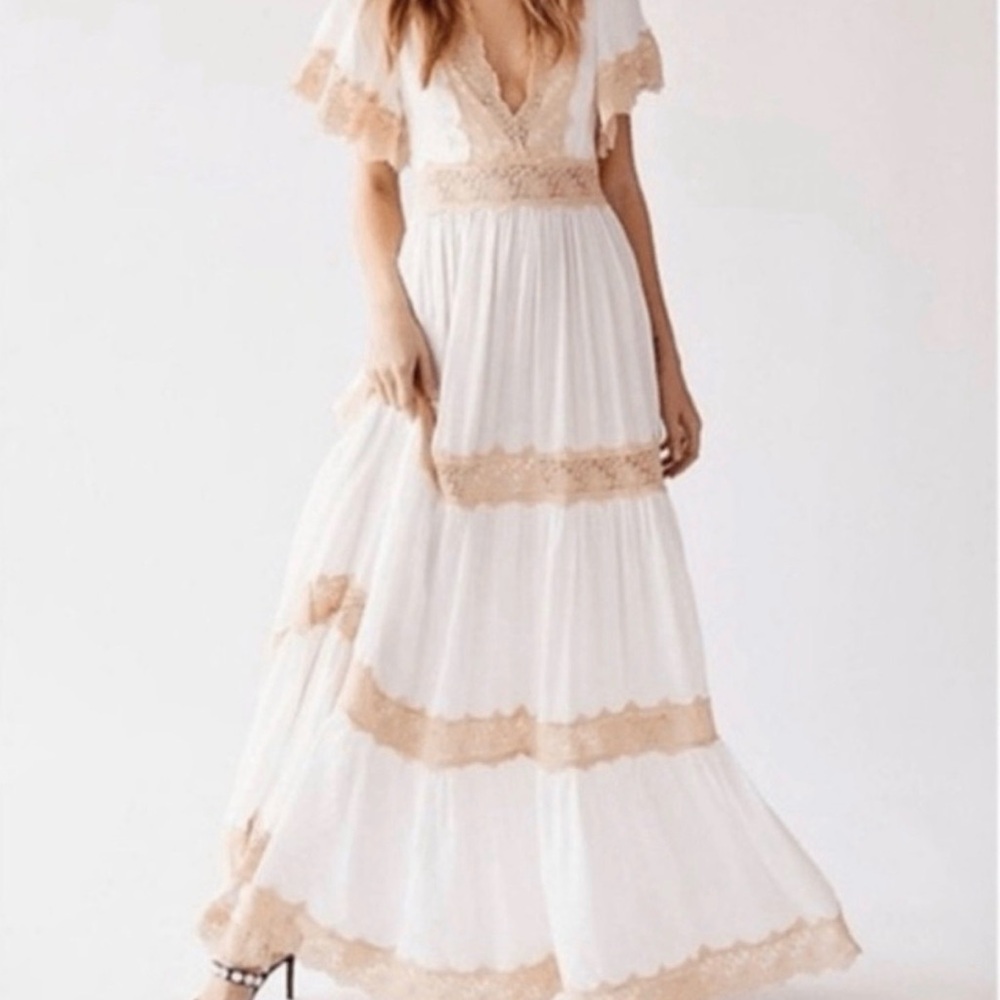 Spell Cream Maxi Dress with Beige Lace Trim - Picture 2 of 10